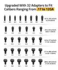 Rechargeable Laser Bore Sight Kit With 32 Adapters For 17 To 12 Gauge Calibers showing adapter sizes and numbers