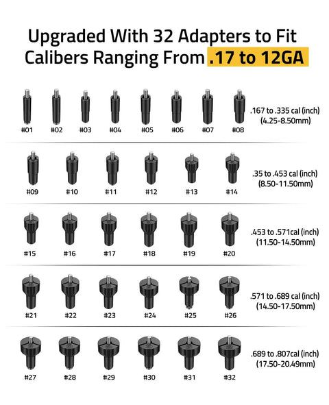 Rechargeable Laser Bore Sight Kit With 32 Adapters For 17 To 12 Gauge Calibers showing adapter sizes and numbers