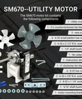 Universal Blower Motor Kit for 670 Series HVAC Units with dual fan blades, mounting hardware, and setup guide displayed