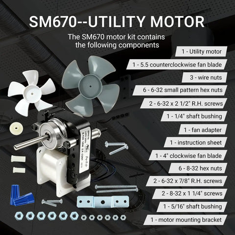 Universal Blower Motor Kit for 670 Series HVAC Units with dual fan blades, mounting hardware, and setup guide displayed