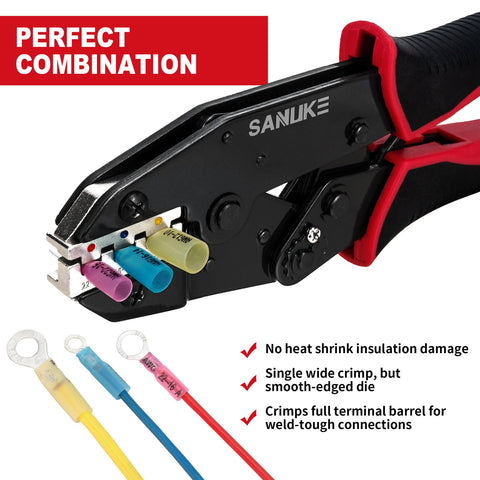 Ratchet Crimping Tool For Heat Shrink Connectors AWG 22 To 10 Pro Wire Crimper for Insulated Nylon Connectors shown in action with wires