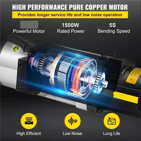 Gotta Get This Sweet 1.5 Kilowatt Electric Rebar Cutter Bender Combo Tool showing pure copper motor inside for durability.