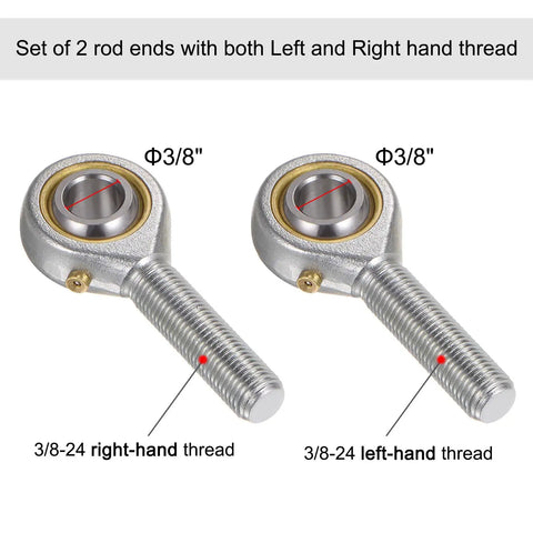 Two-Piece 3/8 Inch Male Rod End Bearing Set With 3/8-24 Left And Right Hand Threads And Jam Nut, Sturdy 45 Steel Rod End Bodies, Smooth Pivot With Up To Nine Degree Angular Misalignment, 3/8 in