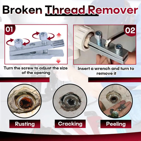 Broken Thread Remover tool adjusting mechanism with wrench, showing rusting, cracking, and peeling threads.