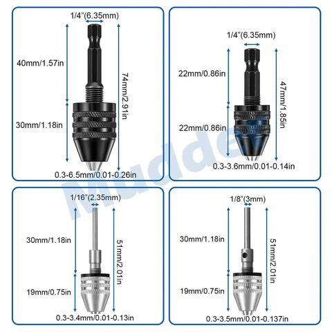 Keyless Drill Chuck Set Four Pieces For Cordless Drills One Quarter Inch One Eighth Inch One Sixteenth Inch Hex And Round Shanks Quick Change Adapters For Easy Tool Swaps No Fuss And Fast Drilling Or Grinding Tasks