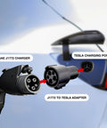 Level 2 EV Charger 11.5kW 48A 208 To 240V J1772 Connector with adapter for Tesla charging port shown next to a car