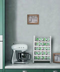 Wood K Cup Holder For Countertop And Kitchen, Farmhouse Decor With Coffee Bar Vibe, alongside coffee machine, white wall background