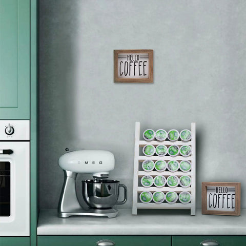 Wood K Cup Holder For Countertop And Kitchen, Farmhouse Decor With Coffee Bar Vibe, alongside coffee machine, white wall background