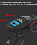 Close-up of the 2.4G RC Radio System with 4CH transmitter showing steering and throttle controls, lanyard attached.