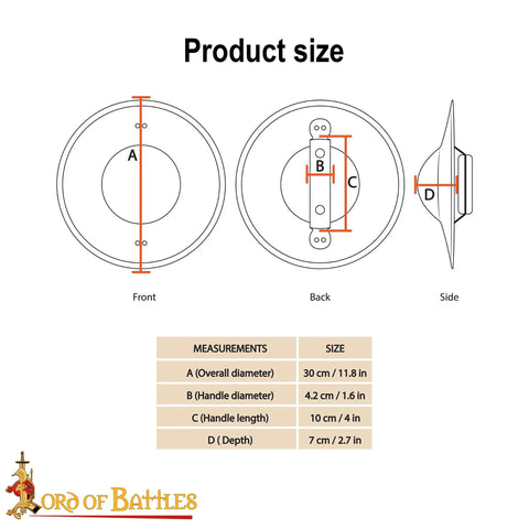 Diagram showing dimensions of Old School Medieval Steel Buckler Shield Handcrafted With Wooden Grip, 16 Gauge, 30 Cm.