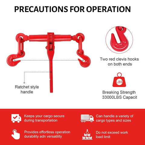 Heavy Duty Tie Down Set: 2 Pack Ratchet Chain Binders with red clevis hooks and ratchet handle, 33000 LBS Breaking Strength