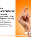 Hand holding a capsule with text 'USA Manufactured in an FDA registered, cGMP compliant facility' next to it.