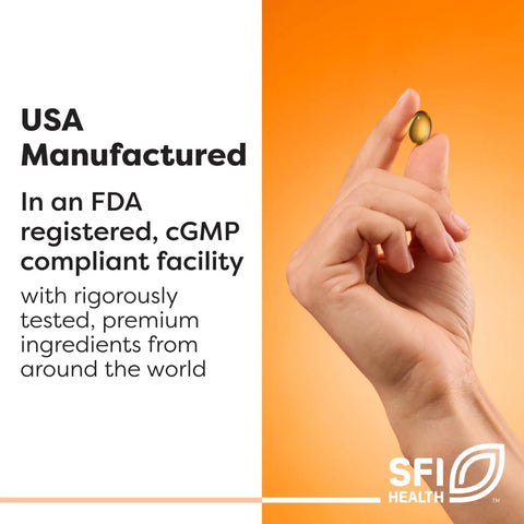 Hand holding a capsule with text 'USA Manufactured in an FDA registered, cGMP compliant facility' next to it.