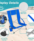 2 Pack Lightweight Low Beach Chairs With Breathable Mesh Back, Cup Holder, Blue, showing design details and features.