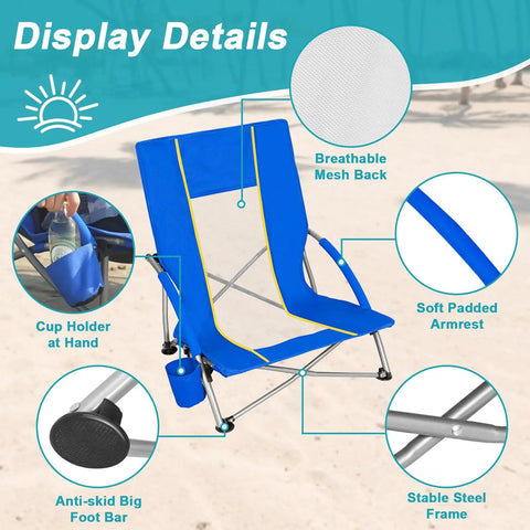 2 Pack Lightweight Low Beach Chairs With Breathable Mesh Back, Cup Holder, Blue, showing design details and features.