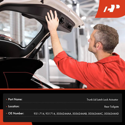 Technician installing Rear Trunk Latch Actuator Replacement for Chrysler 300 2005-2018, Dodge Charger 2006-2018, rear tailgate.