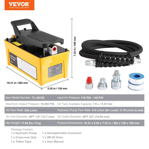 10,000 PSI Air Hydraulic Pump With Aluminum Shell, Foot Treadle Actuated, 0.42 Gal Reservoir, NPT 3/8 Inch Outlet, NPT 1/4 Inch Inlet, Beefy Shop Ready Auto Repair Frame Machine And Hydraulic Press Workhorse