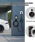 Wall Mount EV Charger Holder With SAE J1772 Nozzle Holster And Cable Organizer Plus Control Box Dock For Tesla And Standard Chargers on wall.