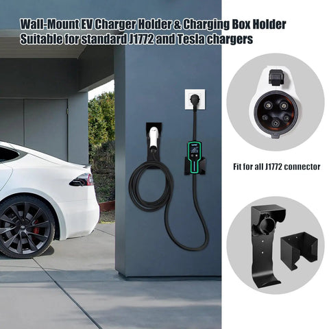 Wall Mount EV Charger Holder With SAE J1772 Nozzle Holster And Cable Organizer Plus Control Box Dock For Tesla And Standard Chargers on wall.