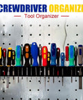 Heavy Duty Screwdriver Storage Holder on wall, showcasing space saving tool rack with 2X capacity, ideal for garage and workbench.