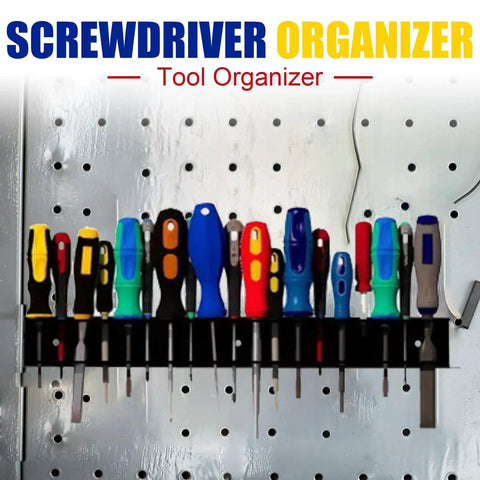 Heavy Duty Screwdriver Storage Holder on wall, showcasing space saving tool rack with 2X capacity, ideal for garage and workbench.