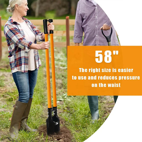 Heavy Duty Post Hole Digger With Fiberglass Handle 58 Inch Sharp Steel Blade in use for easy and upright yard work