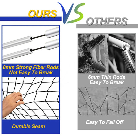 Comparison of Pop Up Soccer Goals For Backyard And Beach Training Portable Foldable Lightweight Indoor Outdoor Football Goal With Carry Bag Quick Setup In Under A Minute No Tools Needed For Instant Fun On The Go showing 8mm fiber rods vs 6mm thin rods with net seams