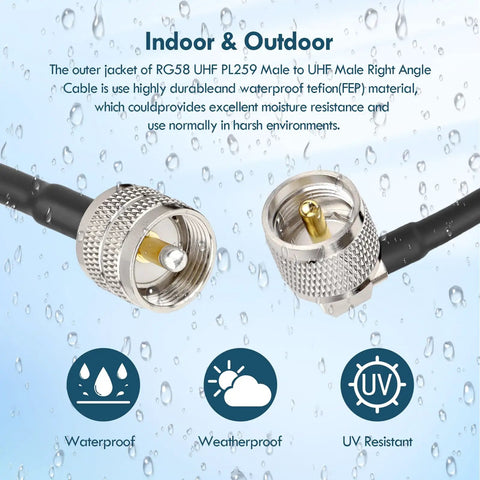 Low Loss RG58 Coax Cable With Right Angle PL259 Male To Male For CB Radio And HAM Gear 12 Ft, indoor outdoor use.