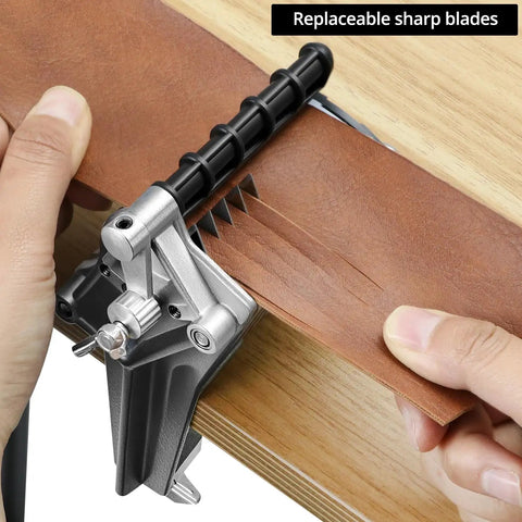 Leather Table Top Lace Cutter With 5 Replaceable Cutters For Fringe Braiding Strips And Belts Pro Grade Manual Lacing Tool in use