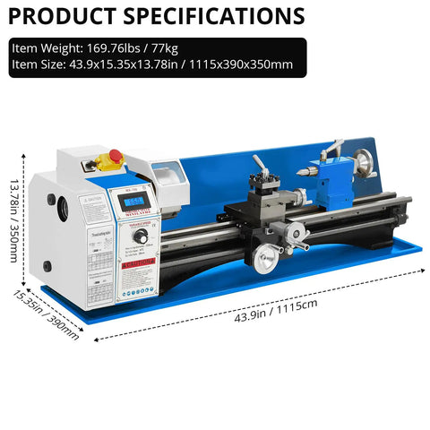Cuisinsmart 750W Brushless Mini Metal Lathe With Solid Steel Frame And Metal Gears, 43.9x15.35x13.78 inches, ideal for workshops.