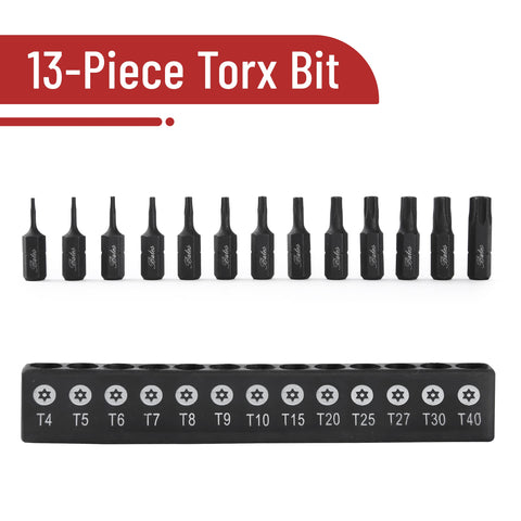 Tamper Proof Torx Bit Set 13 Piece T4 To T40 Security Bits Quarter Inch Drive S2 Alloy Steel organized in a sleeve