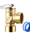 Brass Gulfmew 30 PSI boiler relief valve with lever and 3/4 in female NPT x 3/4 in female NPT fittings; blue PTFE tape.