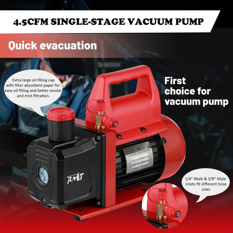 Pro Grade Vacuum Pump And Gauge Set With 4 Way Aluminum Manifold Leak Detector And PVC Storage Case For AC Maintenance Four Point Five CFM Pump Compatible With R22 R134A And R410A Refrigerants, featuring red handle and black motor