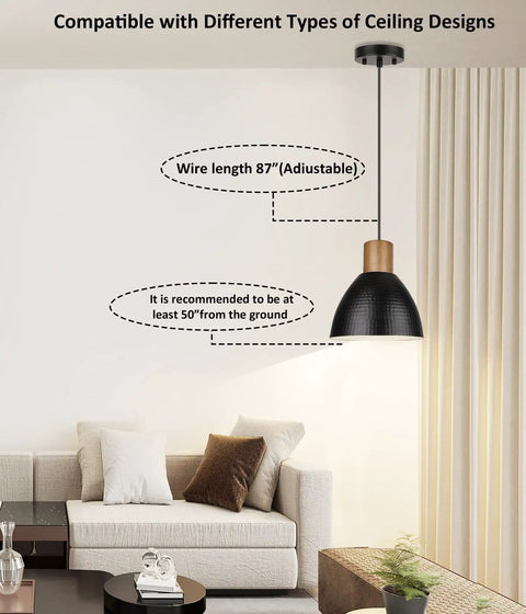 Industrial Hammered Metal Pendant Light Fixture, 10 Inch Adjustable Hanging Lamp With Black Shade in modern living room setting