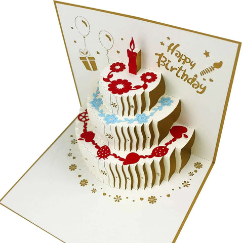 Akeydeco 3D pop-up birthday card with a white multi-tier cake, red candle, and red/blue floral accents.