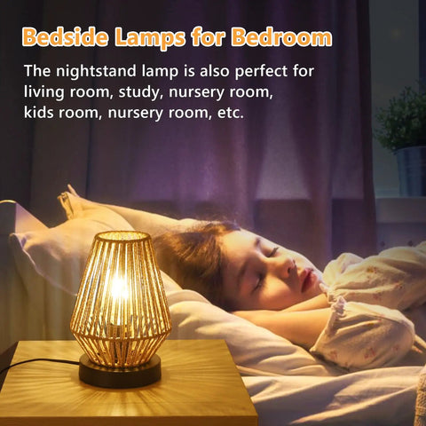 Cozy Boho Rattan Table Lamps Set Of 2 With Touch Control 3 Way Dimmable Nightstand Lamps in bedroom with sleeping child.