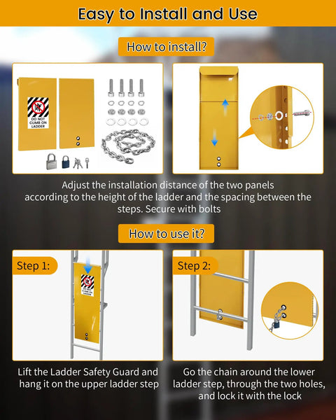 Installation guide for No Climb Fixed Ladder Safety Guard For Roof And Tower Ladders 16 Inch And Wider with diagrams