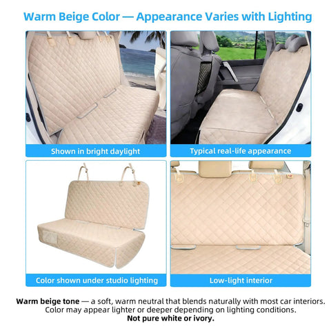 Waterproof Backseat Dog Car Seat Cover Nonslip Protector For Cars Trucks SUVs Beige with free dog barrier shown in different lighting