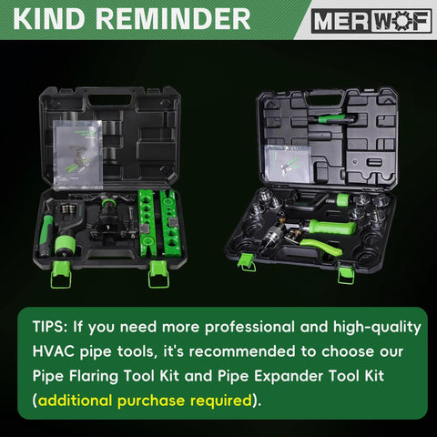 Two MERWOF metal pipe reamer kits in green cases; deburring and chamfering tools for copper and PVC pipes, 1/4"–1-5/8" tubing.