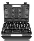 Straight Shooting Precision Forstner Bit Set For Woodworking And Carpentry Smoothly Bores Clean Holes In Hardwood Plywood Composites 16 Piece Pro Drill Kit in a black case.