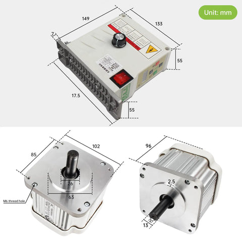 Dimensions of Beefed Up 3 Jaw Lathe Chuck Spindle Assembly With 750W 110V Brushless Servo Motor Drive for woodworking.