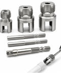 Essential 3 Pvc Pipe Threader Set With 1/2 Inch, 3/4 Inch, And 1 Inch Durable Alloy Steel Heads shown with attachments.