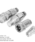 Angled view of 1/2-inch flat-face hydraulic quick-connect couplers set of four in chrome finish with dust caps.