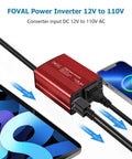 Premium 150W Car Power Inverter 12V DC To 110V AC Converter showing input and output ports, red aluminum body, and device compatibility.