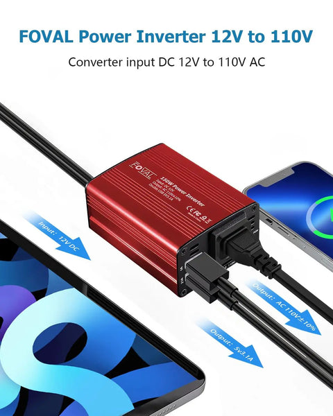 Premium 150W Car Power Inverter 12V DC To 110V AC Converter showing input and output ports, red aluminum body, and device compatibility.