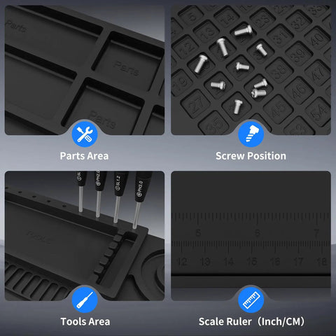 Large Soldering Mat Heat Resistant Up To 932 Fahrenheit With parts, screw, tools, and ruler areas for electronics repair