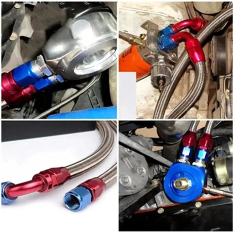 Snag These Premium AN4 Aluminum Hose End Fitting Kits For Your Rig Featuring Zero Four Five Ninety Degree Swivels And Precision Machined Tolerance Fittings on braided hoses