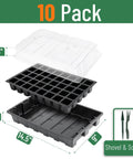 Image showing dimensions of Seed Starter Tray Kit Set 10 Pack With 400 Cells, including clear domes, trays, and planting tools.