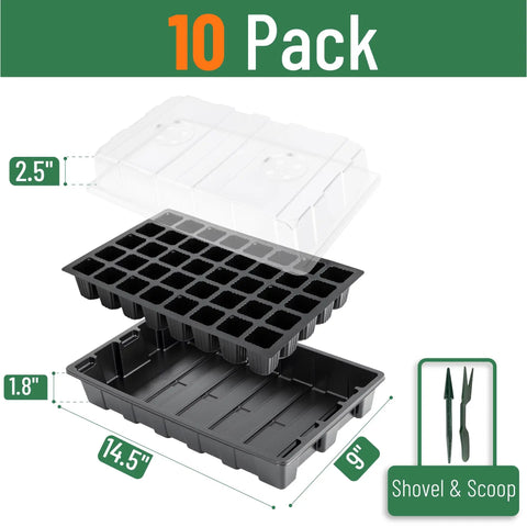 Image showing dimensions of Seed Starter Tray Kit Set 10 Pack With 400 Cells, including clear domes, trays, and planting tools.