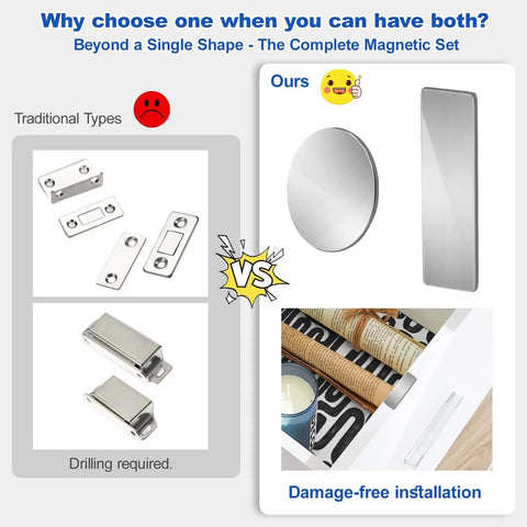Comparison of traditional versus adhesive Magnetic Door Catch Set Ultra Thin Cabinet Magnets For Closure with stainless steel.